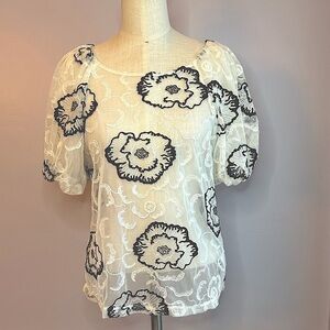 Laundry by Shelli Segal Puff Sleeve Floral Mesh Lace Blouse Ivory and Black